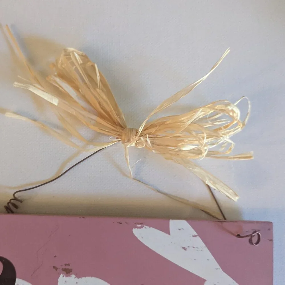 NWT Rustic Pink Easter Bunny Sign Farmhouse Spring Home Decor Rabbit Raffia Wood